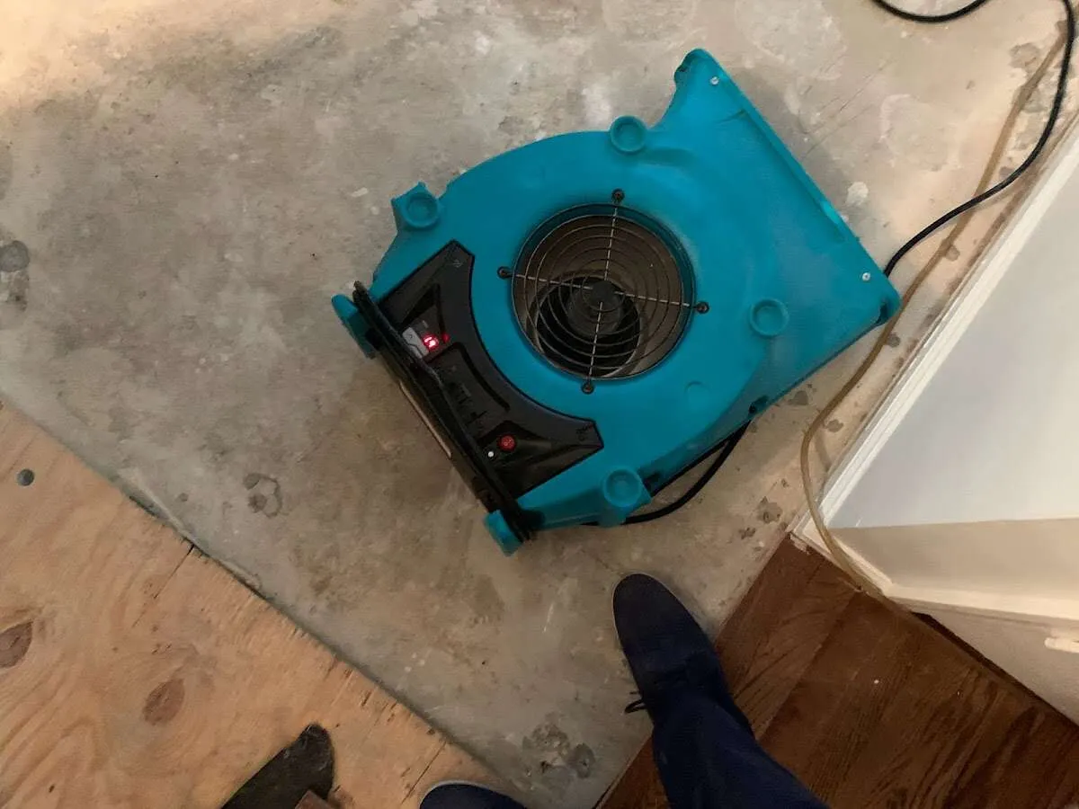 Air mover drying subfloor during Leak Detection & Repair in Rocky Mount